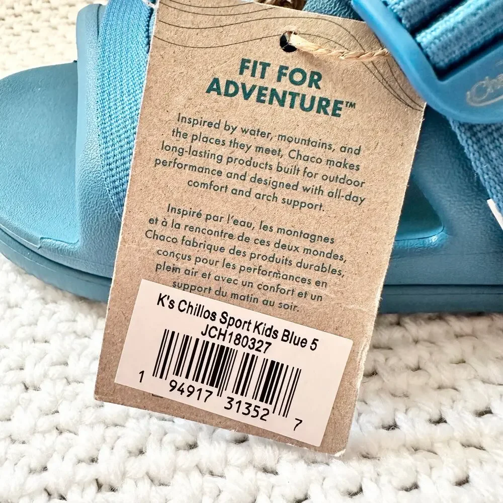 Chaco NWT Big Kids Blue Chillos Sport Slingback Strappy Sandals Size 5 JCH180327